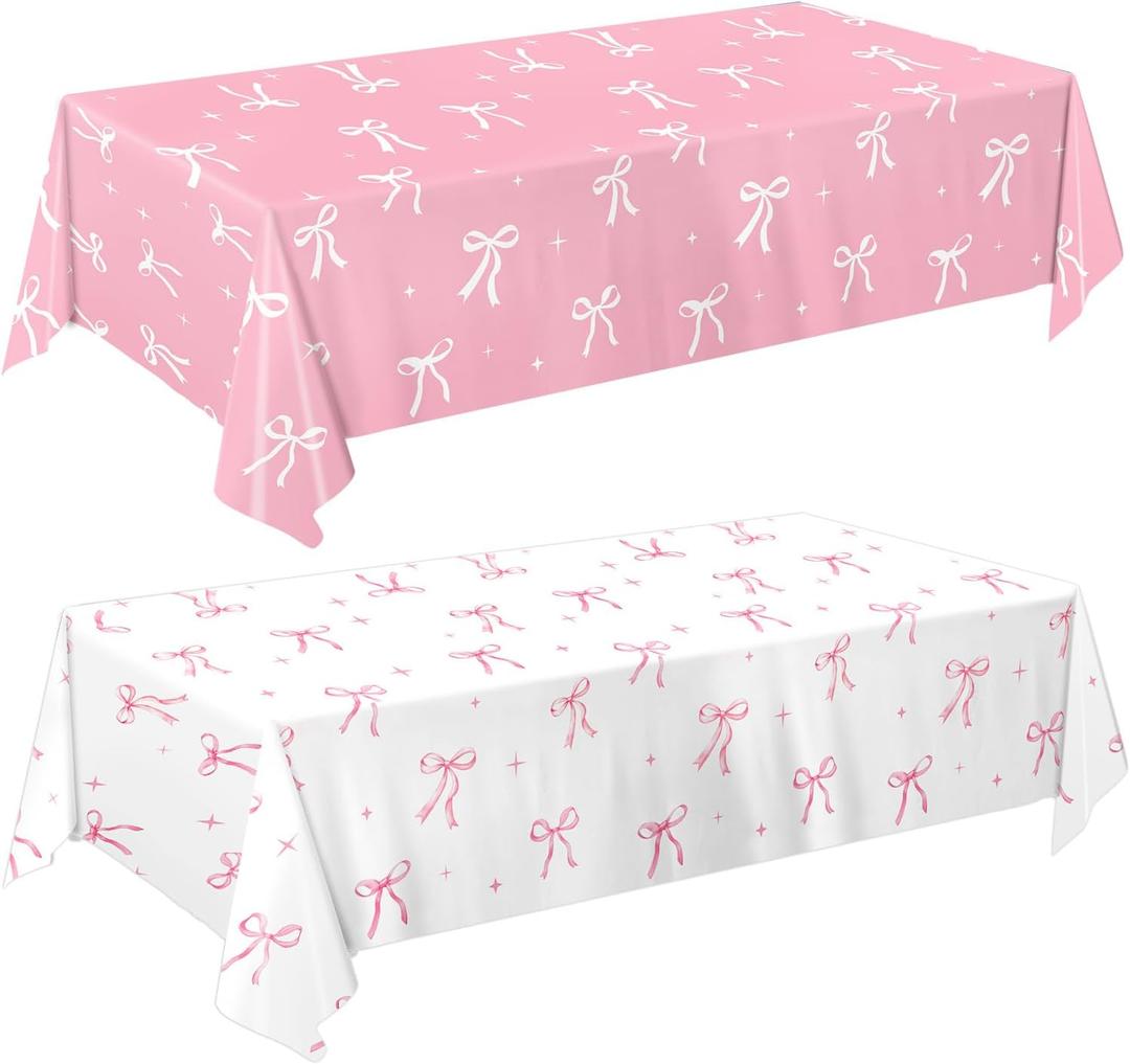 Oigco 2 Pcs Pink Bow Tablecloth, Coquette Birthday Decorations, Bow Plastic Table Cover for Girls Bridal Wedding Pink Bow Birthday Decorations, 54x108 Inch