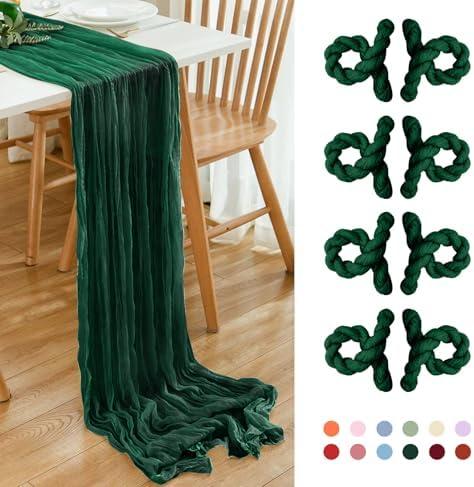 8 Pack 10Ft Dark Green Cheesecloth Table Runner 35x120 inch Boho Gauze Cheese Cloths Table Runners Long Wrinkled Sheer Romantic Table Runner for Wedding Bridal Shower Birthday Party Table Decor
