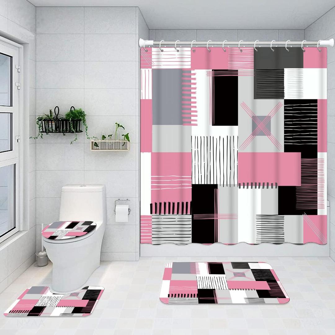 All Smiles Shower Curtain Sets Pink Bathroom Sets with Shower Curtains and Rugs Modern Home Bathroom Dcor Accessories,Shower Curtains Waterproof with Non-Slip Rugs Toilet Lid Cover and Bath Mat
