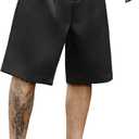 PLEPAN Men's Baggy Wide Leg Casual Shorts Pleated Dress Business Elastic Waist Summer Shorts with Pockets (Black, XL)