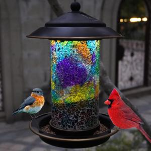 Solar Bird Feeder for Outdoor Hanging Stained Glass, Tesserae | 1.5lbs Capacity Small Metal Birdfeeder - Attracts Cardinals and Finches - Garden Decor Gift for Parents and Lover