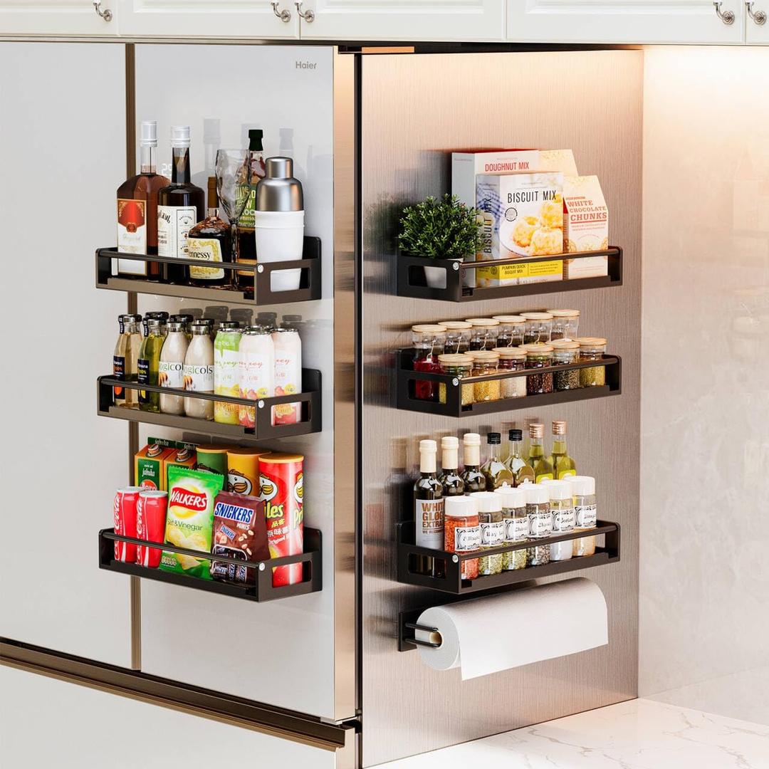 7 Pack Magnetic Spice Storage Rack Organizer for Refrigerator and Oven, Black Fridge Organizers and Storage, Paper towel holder, Punch and no-punch dual purpose