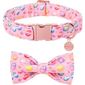 Easter Day Dog Collar with Bow, UP URARA PUP Easter Eggs Adjustable Pet Collar Bowtie with Metal Buckle, Colorful Eggs Cotton Dog Collars for Small Medium Large Dogs, M