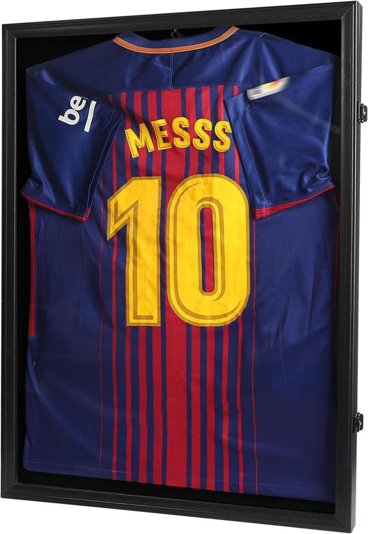 Jersey Frame Display Case - Football Jersey Display Frame - Lockable Jersey Shadow Box with UV Protection Acrylic Door and Hanger for Hockey Soccer Basketball Baseball Shirts, Black