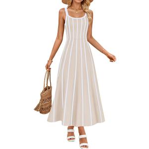 ZESICA Womens 2026 Summer Sleeveless Striped Midi Dresses Casual A Line Swing Knit Long Dress Beach Vacation Clothes (Medium)