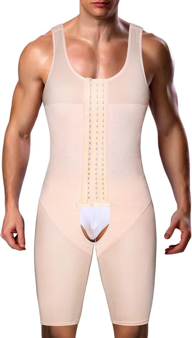 Men's Shapewear Bodysuit Full Body Shaper Compression Slimming Suit Breathable (Medium, Beige(hook Eye))