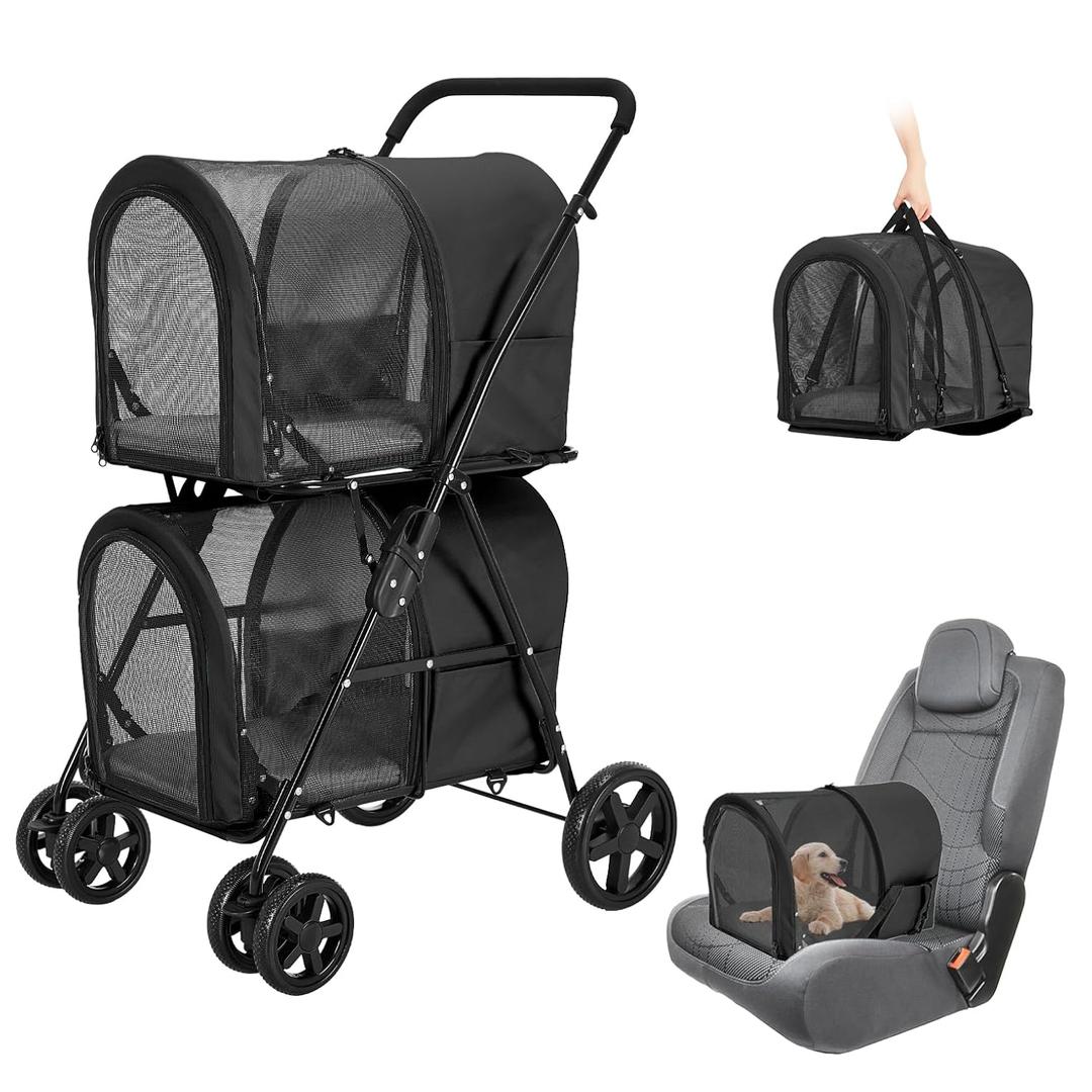Double Pet Stroller for Dogs and Cats with 2 Detachable Carrier, Quick-Folding Dog Stroller for Medium Dogs Cats, 4 Wheels, Black