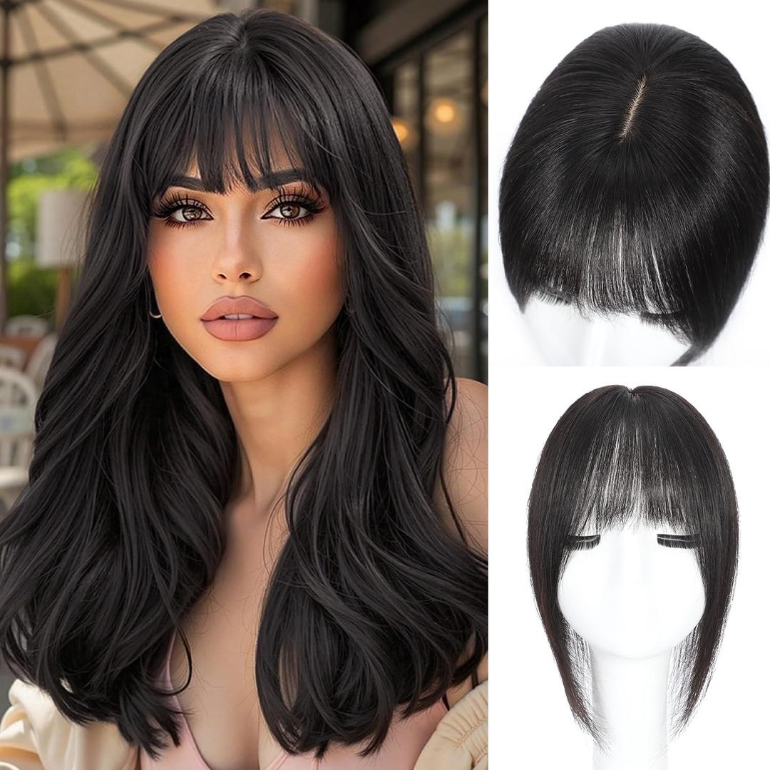 Hair Toppers For Women Real Human Hair,12inch Wispy Clip In Bangs Toppers Hair Pieces For Women With Thinning Crown, 3603D Cover Realistic Scalp Line Hairpieces (Natural Color)