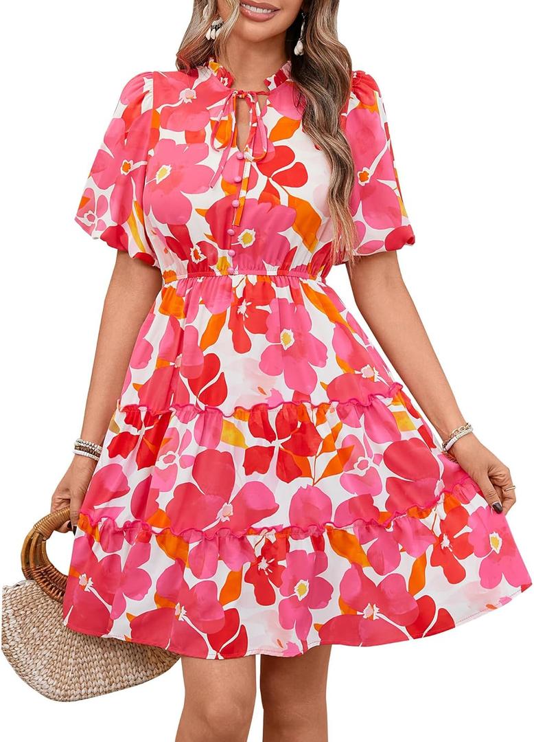 BTFBM Women Summer Floral Short Dresses V Neck Short Sleeve Tiered Ruffle Boho Swing Dress A-Line Mini Dresses(Floral Rose Red, Large)