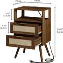 JOONEE Rattan Nightstand with Charging Station,Farmhouse Bedside Table with 2 Storage Drawer and Open Wood Shelf, for Bedroom and Small Spaces,Night Stand with Solid Wood Legs (Walnut Brown-Outlet)