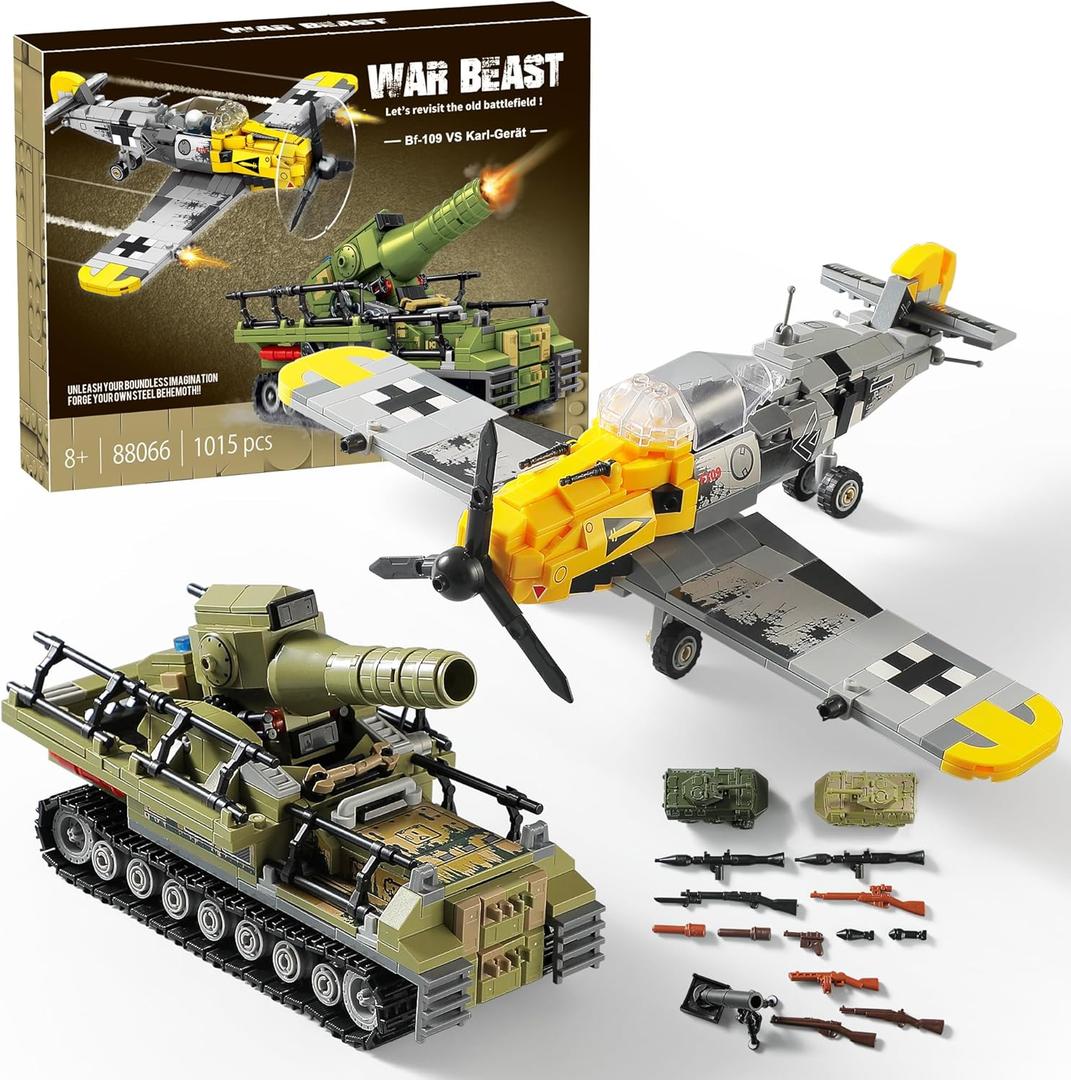 WW2 Military Toys Building Sets Compatible with Lego, Create a BF109 Plane Fighter Jet & a Karl Giant Mortar Tank, Great WWII Army Airplane Toy for Boys and Kids Age 8-12 (1015PCS)