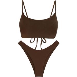 GORGLITTER Women's High Cut Cheeky Bikini Sets 2 Piece Lace Up Spaghetti Strap Swimsuits Beachwear 2025, L (Brown)