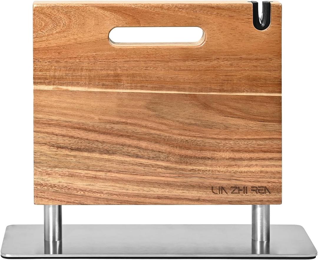 Magnetic Knife Block, Thickened Acacia Knife Holder, Strong Magnetic Suction Cup with Knife Sharpener, Double-Sided Kitchen Knife Storage Rack for Kitchen Countertops