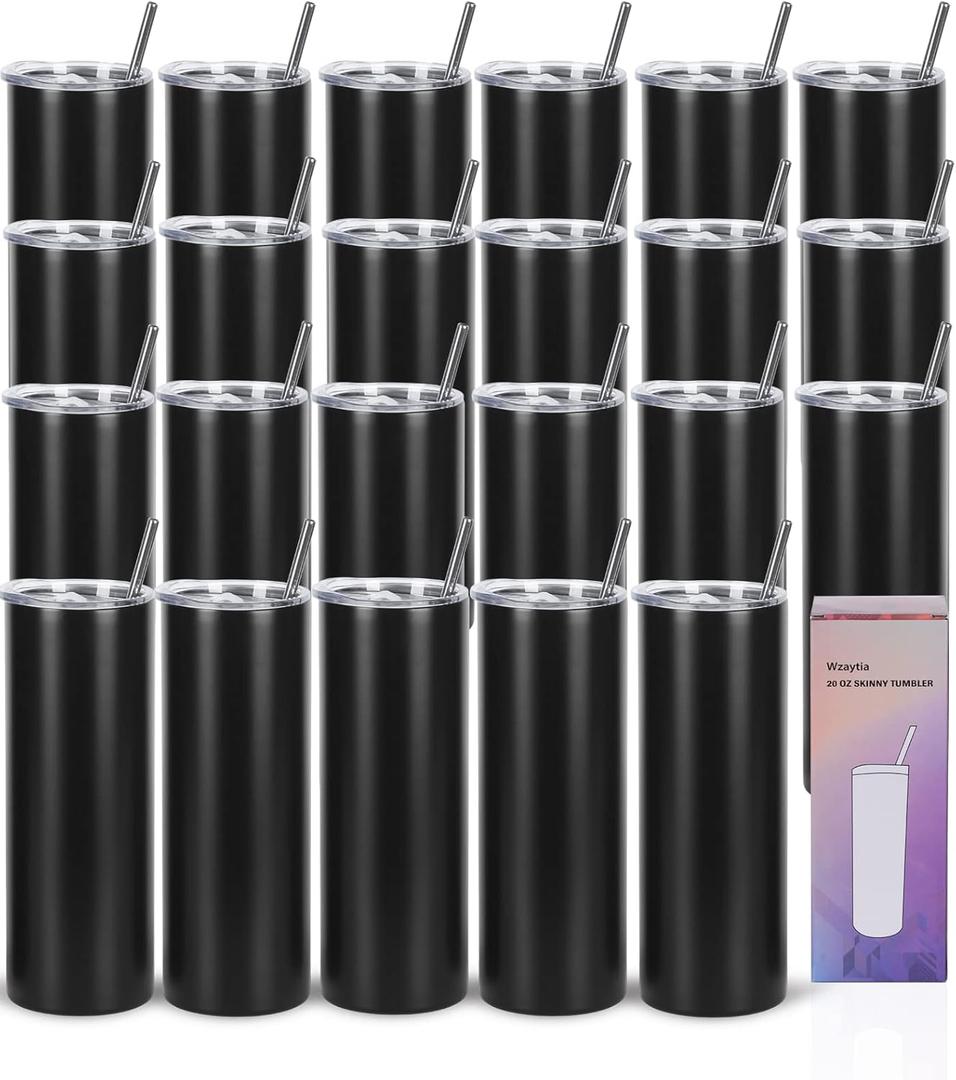 24 Pack 20 Oz Straight Skinny Tumblers,Individually Gift Boxed Stainless Steel Slim Skinny Tumbler Set Bulk, 20 Oz Insulated Slim Thin Travel Tumbler Cup for Diy, Black