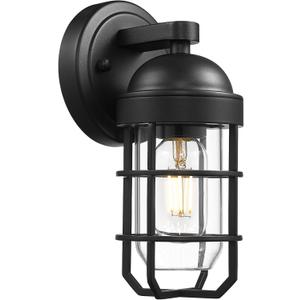 Emliviar Modern Outdoor Wall Light for House Porches, Solid Classic Metal Cage, Retro Charm Exterior Wall Light, Clear Tempered Glass, Black Finish, GE255B BK (9.4 Inch - 1 Pack)