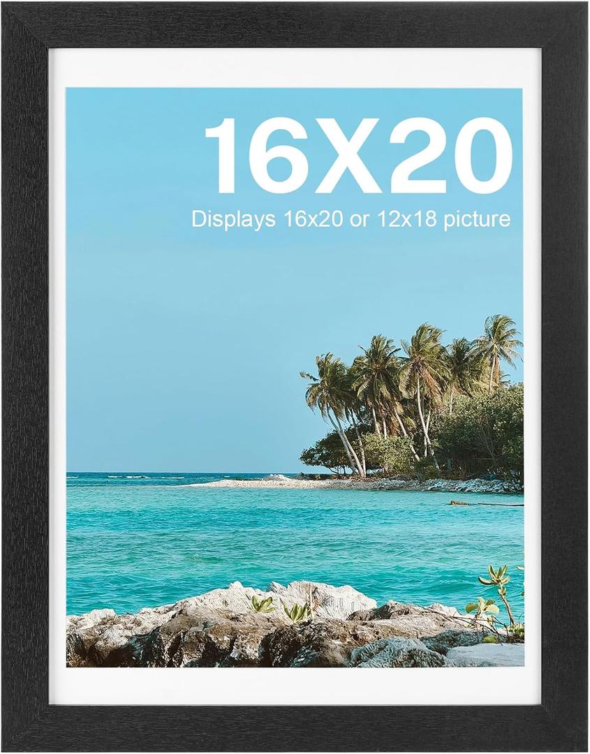 HOUSE DAY 16x20 Poster Frame MDF Wood and Polished Plexiglass, 16 x 20 Picture Frame Black without Mat or 12x18 with Mat, Horizontal or Vertical Wall Mounting 16x20 Poster Frames for Large Size Picture 1 Pack