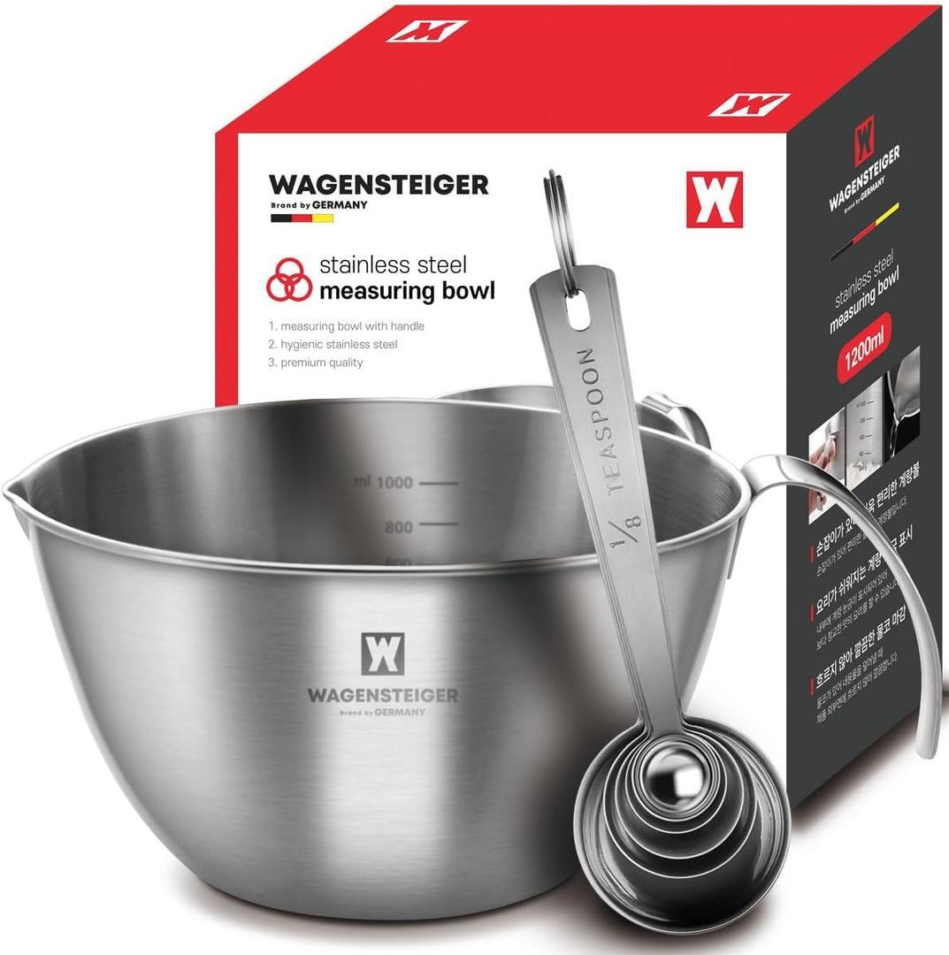 Mixing Bowl 1200ml/40.6oz & Measuring Spoon Set: Stainless Steel Measuring Bowls with Pour Spout & Handle/Multi-purpose Metal Bowl, Meal Prep, Baking Prep Kit Set (1200ml/40.6oz)