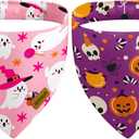 Halloween Dog Bandanas with Snap Button, 2 Pack Pumpkin & Ghost Pet Scarf for Boy & Girl, Premium Durable Fabric, Adjustable Fit, Spooky Bandana for Large and Extra Large Dogs (X-Large) (Halloween-Pink, Purple)