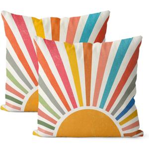Summer Pillow Covers 16x16 Set of 2 Colorful Stripes Yellow Sunshine Throw Pillows Outdoor Boho Rainbow Sun Decorative Pillow Cases Linen Modern Farmhouse Cushion Case for Home Bedroom Decor