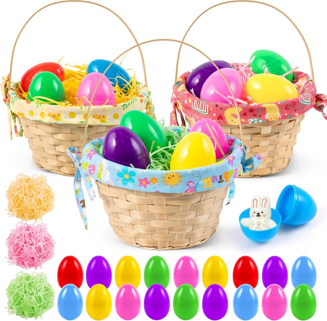 3 Set Wicker Easter Baskets, 10.4" x 7.9"x 4.7" Large Bamboo Easter Basket Empty with Handle, Includes Lining Fabric, Raffia Paper and Easter for Picnic, Spring Party Favors