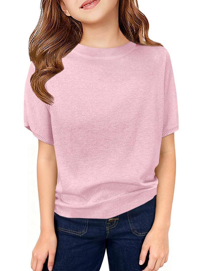 ZDC Girls' Lightweight Knit Top Short Sleeve Cute Spring Summer Sweater for School Holiday Uniform Pink, Size 160 (Pink)