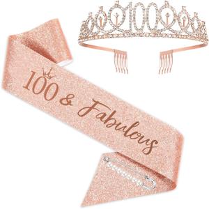 Rose Gold Birthday Sash Crown & Tiara for Woman Gifts for Happy 100th Birthday Party Favor Supplies