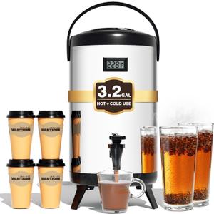 WantJoin Insulated Beverage Dispenser - 1-pack Thermal Hot and Cold Drink Dispenser with Spigot, Stainless Steel Premium 12 L/3.2 Gallon for Coffee & Hot tea,Cold Milk,Water,Juice (Silver) (EXP 02/04/26)