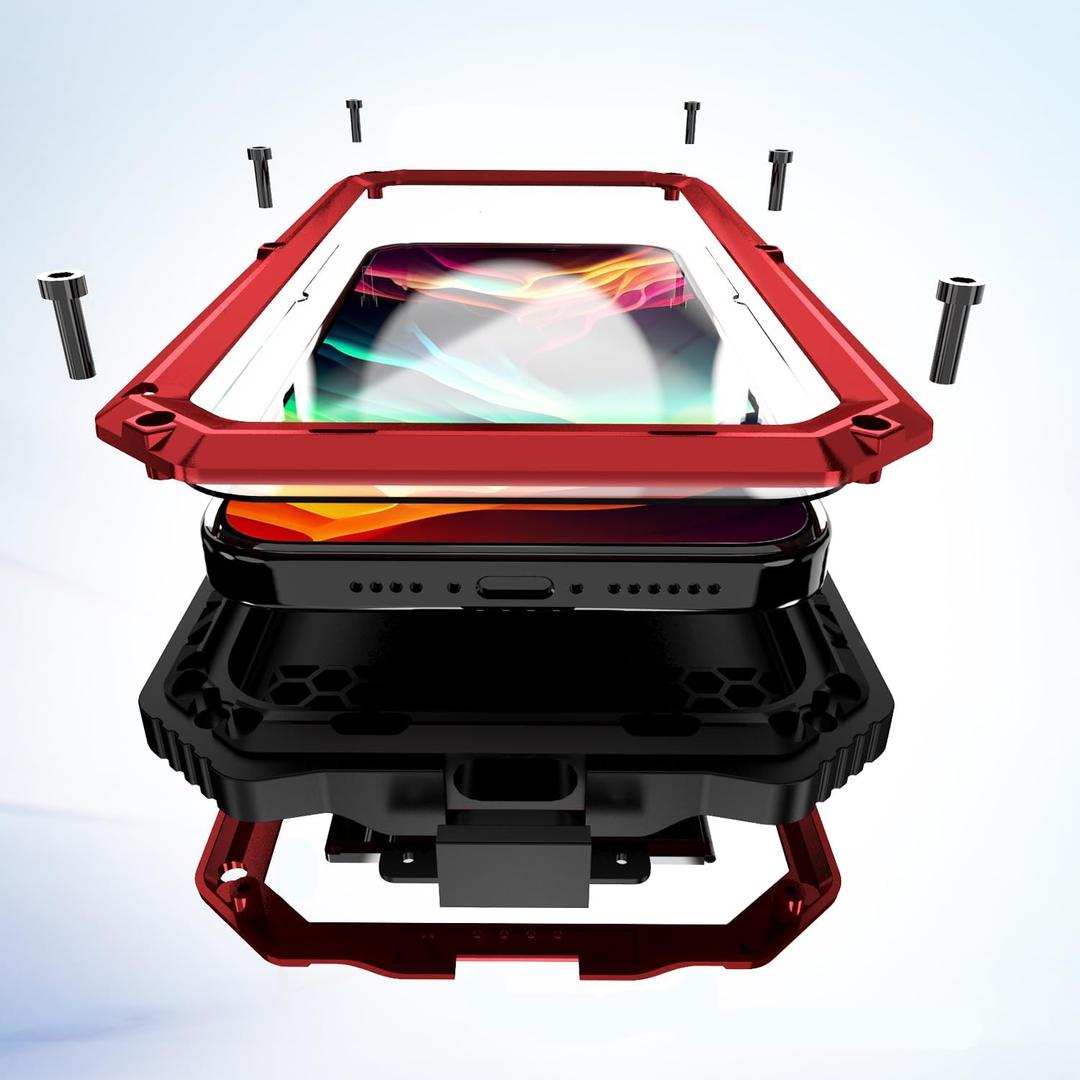 Lunivop for iPhone 15 Pro Case Heavy Duty Protection with Built in Lens Screen Protector Rugged Stand 360 Full Body Military Grade Metal Bumper Phone Cases Men Armor 15 Pro 6.1 2023 (Red)