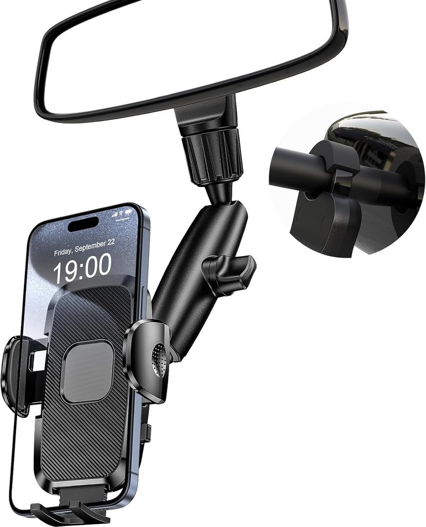 Car Phone Holder Rear View Mirror Phone Holder, 360 Rotating Car Phone Holder Mount Compatible with All 4-7 Inch iPhone and Android Cell Phones