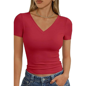 Womens Basic V Neck Short Sleeve T Shirts Slim Fit Crop Y2k Tee Shirt 2025 Summer Cute Gym Fashion Clothes Streetwear, Size M