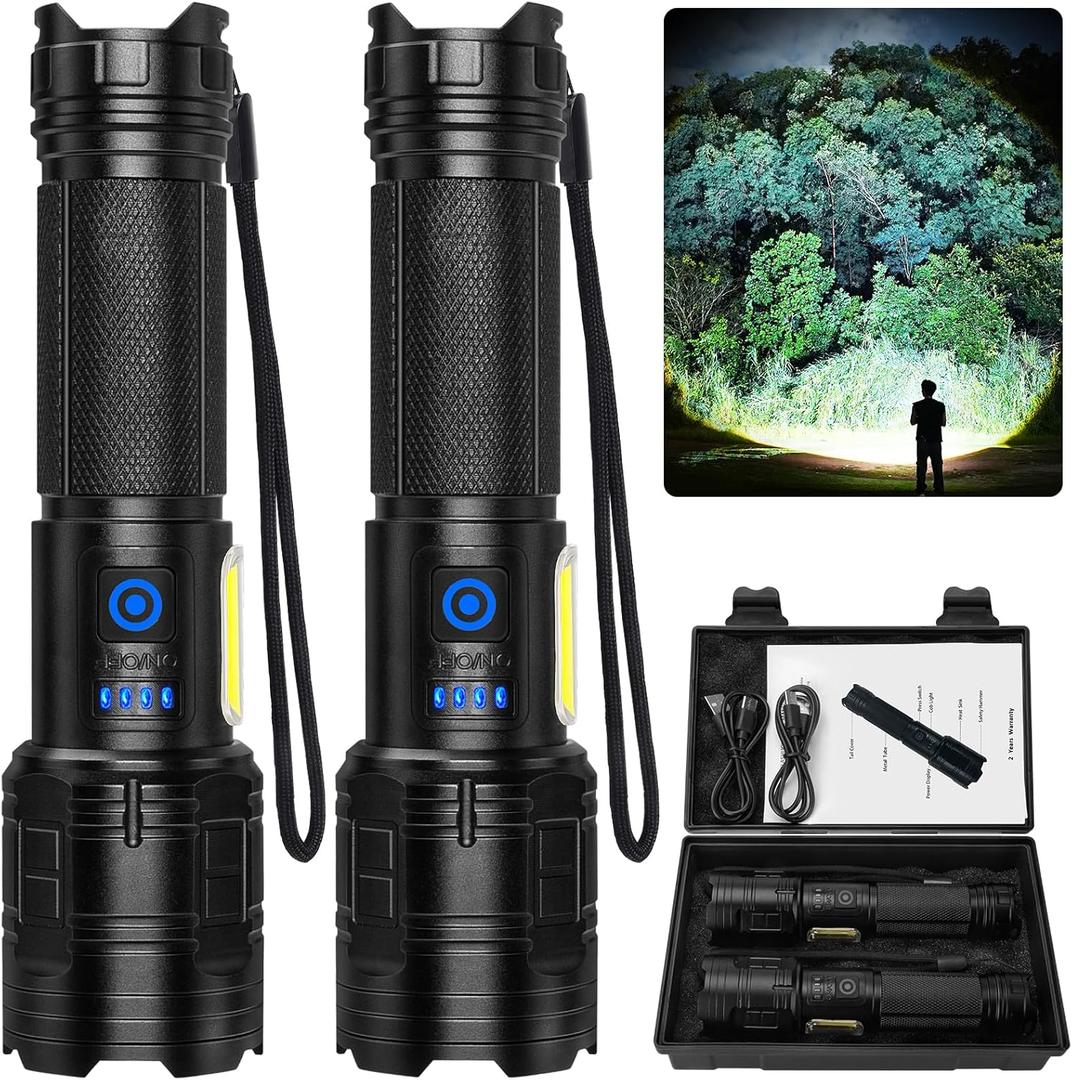 Flashlight Rechargeable 90,000 High Lumen - 2 Pack LED Flash Light with COB, 7 Modes Powerful Handheld Flashlight for Home, Camping (2)