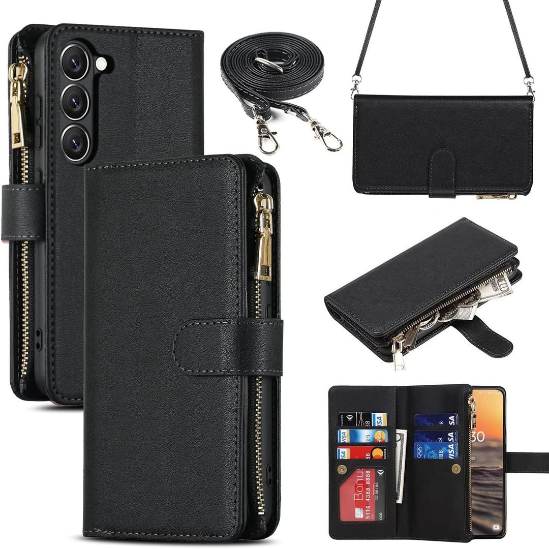 iCoverCase for Samsung Galaxy S23 Wallet Case with Card Holder, Kickstand Feature PU Leather Case with Adjustable Crossbody Lanyard Magnetic Clasp Zipper Pocket Flip Cover (Black)