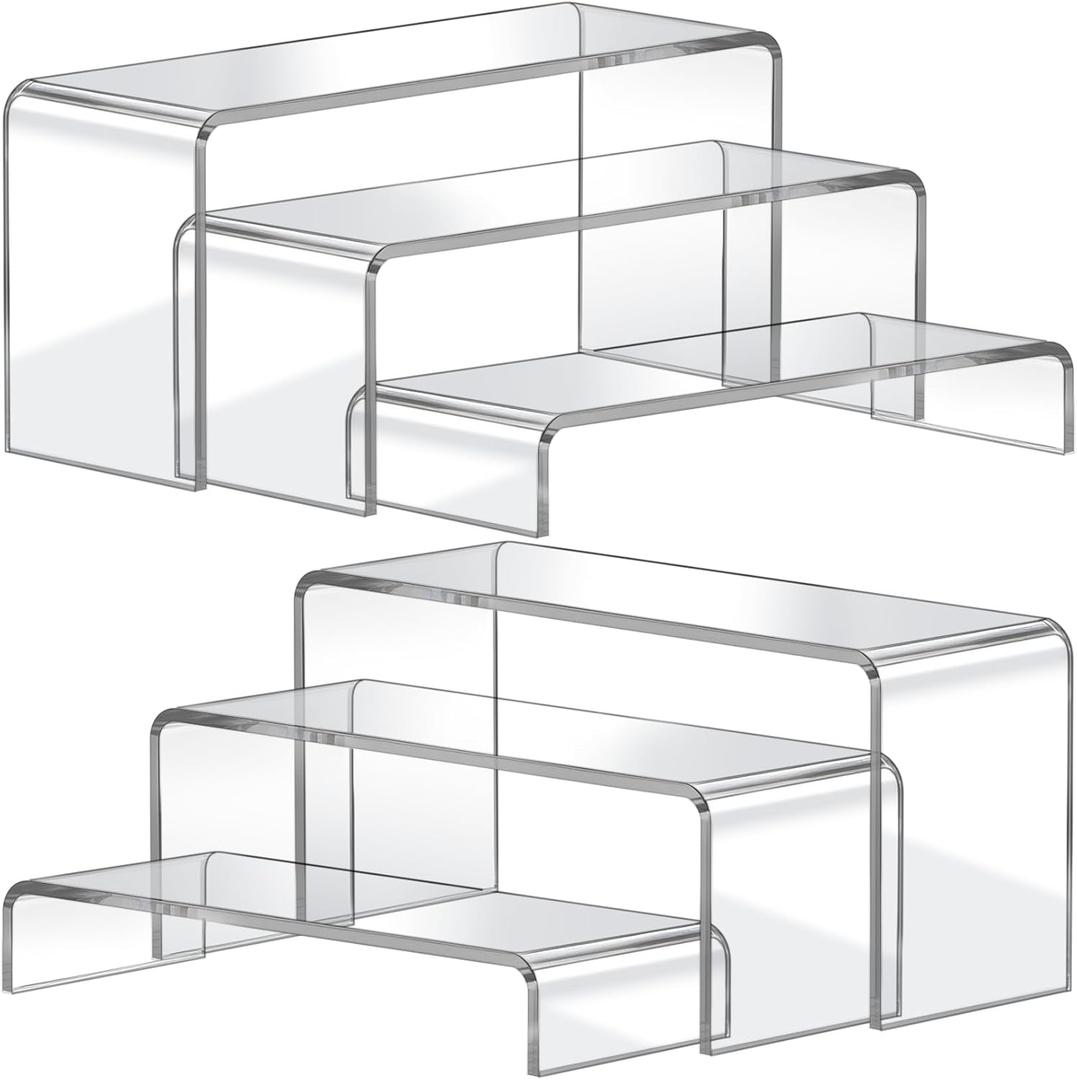 FUNFERY Acrylic Display Risers,2 Sets(7.8" L~8.2" L~8.6" L) Display Stand Shelf for Figure,Collectibles,Cupcake,Clear Acrylic Risers for Displays Case Cabinet,Dessert Table,Shelf Riser for Decor,Food