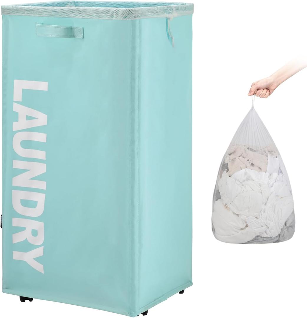 TOTANKI 29" X-Large Rolling Laundry Basket on Wheels with Removable Bag, Foldable Laundry Hamper with Handle, Collapsible Laundry Sorter and Organizer, Tall Storage Basket Bin (Light Blue)