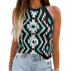 MARZXIN Women Sleeveless Sweater Tank Round Neck Casual Aztec Geometric Knit Sweater Top , Size L