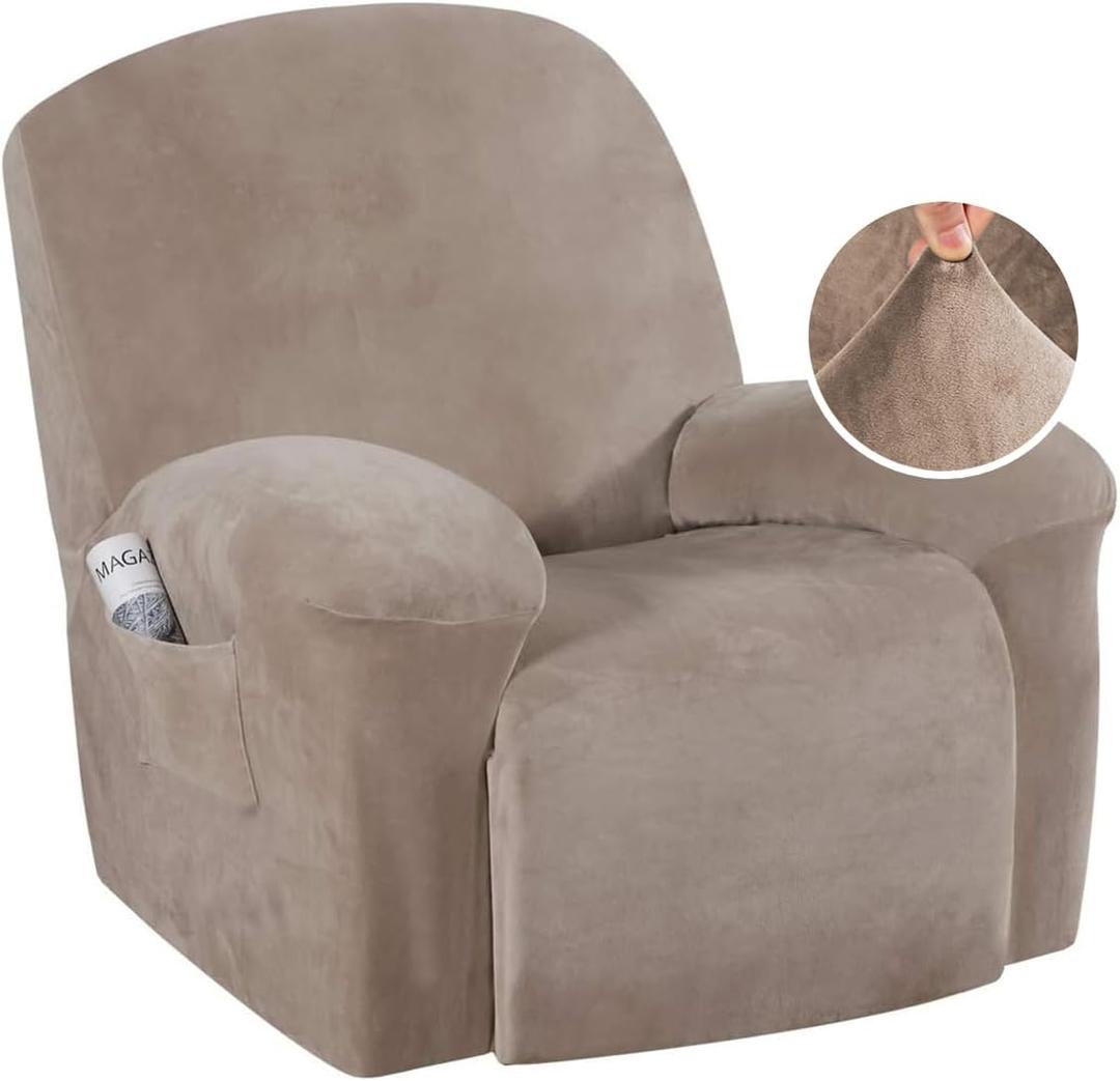 H.VERSAILTEX Real Velvet Recliner Couch Cover Stretch Slip Cover for Recliner Chairs 1 Piece Non Slip Covers for Recliner Chair with Pocket, Washable Reclining Chair for Kids, Pets (Recliner - Taupe)