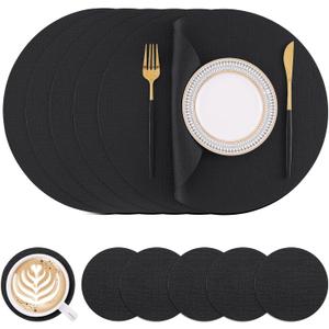 Homaxy Round Faux Leather Placemats and Coasters, Washable Dual-Side Table Mats, Wipeable Heat-Resistant Dining Place Mats for Outdoor and Indoor, Set of 6, Diameter 13 and 3.93 inch, Black