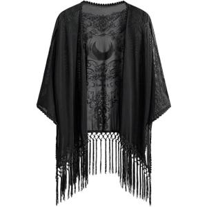 BEAUDRM Women's Goth Tassel Kimonos Boho Hippie Whimsical Fringe Sheer Mesh 3/4 Sleeve Shawl Poncho Cardigan Tops, XL