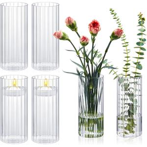 6 Pcs 8 Inch Tall Glass Ribbed Cylinder Vases Clear Floating Candle Flower Vase in Bulk, Hurricane Candle Holder for Wedding Housewarming Gift Table Centerpieces
