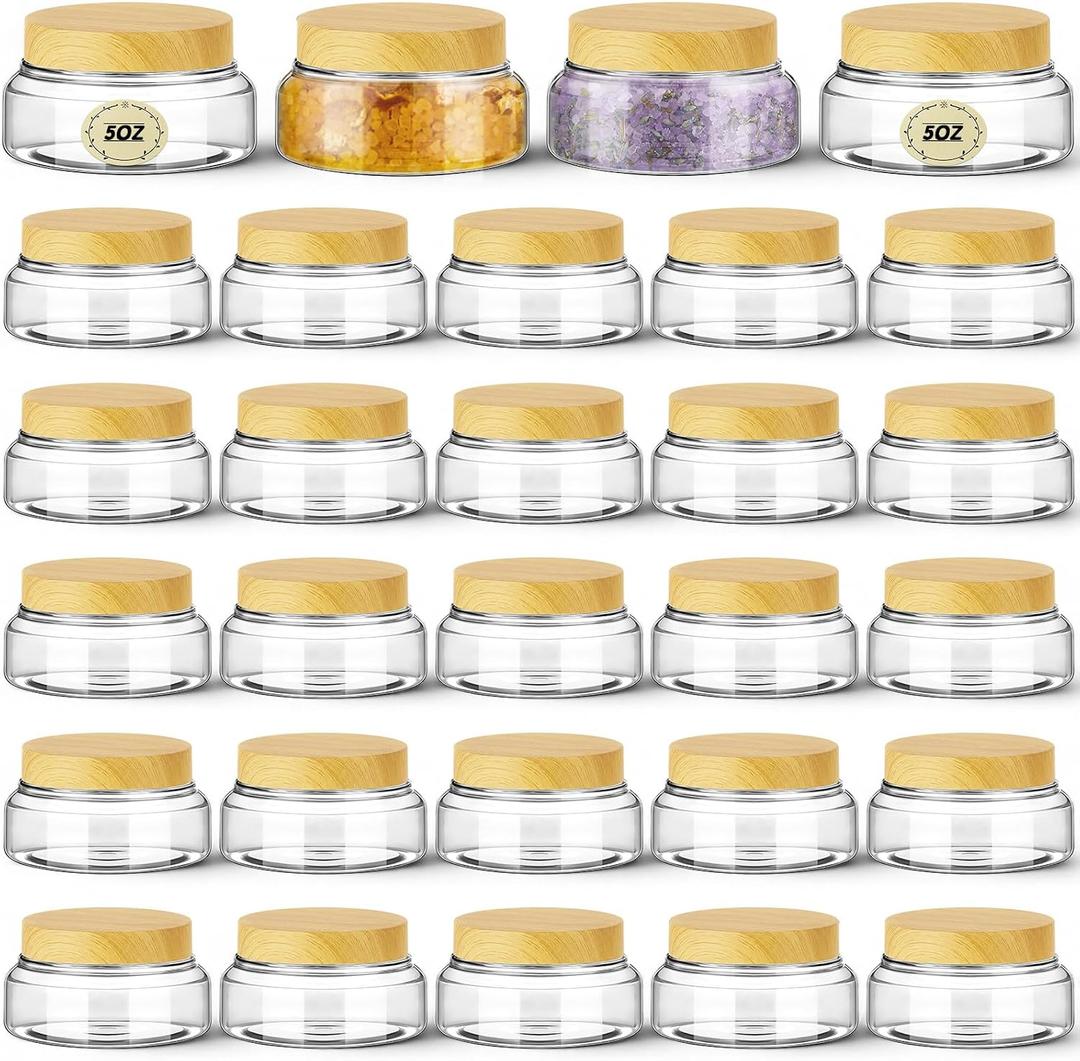Tessco for you 24 Pack Plastic Jars with Lids Labels Multiuse Slime Containers Empty Body Scrub Jars Round Refillable Cosmetic Body Butter Container for Makeup (5 oz,Clear,Light Beech)