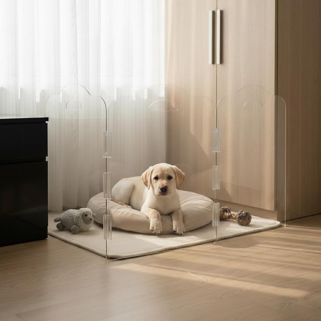 Clear Acrylic Dog Gate, Indoor Pet Barrier, Free-Standing 24" H Foldable 3-Panel Fence for Puppies & Small Dogs, No Drilling, Visual Boundary for Doorways, Hallways, Kitchens & Pet-Free Areas