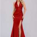 LAGSHIAN Women's Elegant V Neck Halter Backless Bodycon High Split Ruched Long Formal Evening Dress (Red, XL)