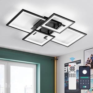 Modern LED Ceiling Light, Square LED Flush Mount Ceiling Light, Dimmable Kitchen Light Fixtures with Remote&APP, Close to Ceiling Lighting Fixture for Dining Room Kitchen Living Room Bedroom (30 Inches, Black)