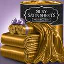 DECOLURE Satin Bed Sheets - 4 Piece Luxury Silky Full Size Bedding Set - Softer Than Silk, Wrinkle-Free with 15 Deep Pocket Fitted Sheet, Perfect for Hair & Skin, Gifts for Women (Striped Gold)