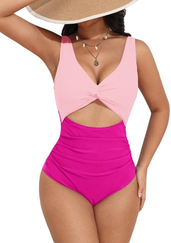 AI'MAGE Women's One Piece Swimsuit High Waisted Bathing Suit Cutout Monokini V Neck Swimwear (Pink)