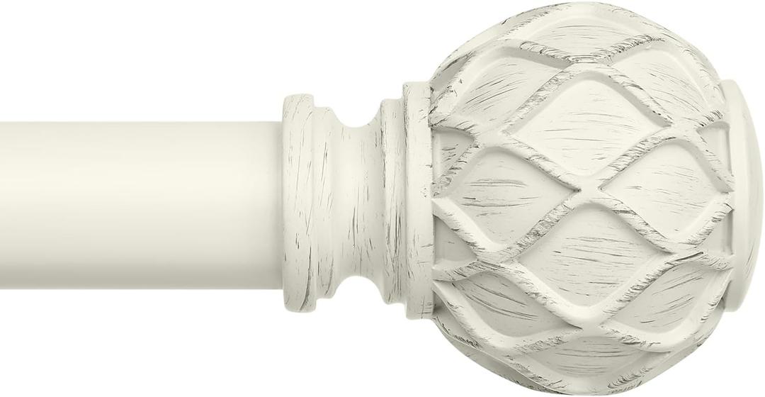 Antique White Curtain Rods for Windows 66 to 120 Inch, Adjustable Vintage Decorative 1'' Long Heavy Duty Curtain Rod, Rustic Farmhouse Drapery Pole Set with Boho Netted Texture Flower Finials