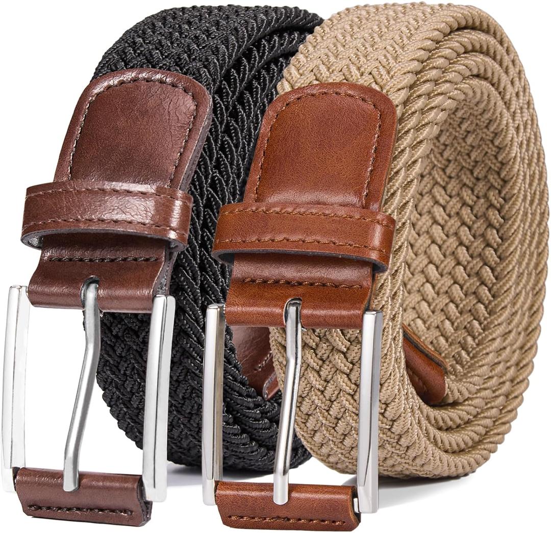 Belt for Men, 1 3/8" Mens Gift Stretch Braided Web Belt Elastic for Casual Golf Jeans, 2 Pack (32" to 38" Waist Adjustable, Black+beige)
