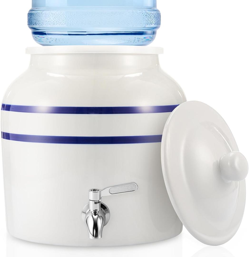 FillTouch Ceramic Water Dispenser Crock Water Dispenser with 304 Stainless Steel Faucet, Valve and Lid for 3 to 5 Gallon Jugs Porcelain Cooler for Home Office Indoor Outdoor Party Use(Blue Stripes)