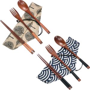 2 Sets Wooden Utensil Set, Travel Utensils for Eating, Wooden Fork Spoon Chopsticks, Reusable Portable Flatware Cutlery Set, Tied Line Flatware with Pouch for Lunch Camping Traveling