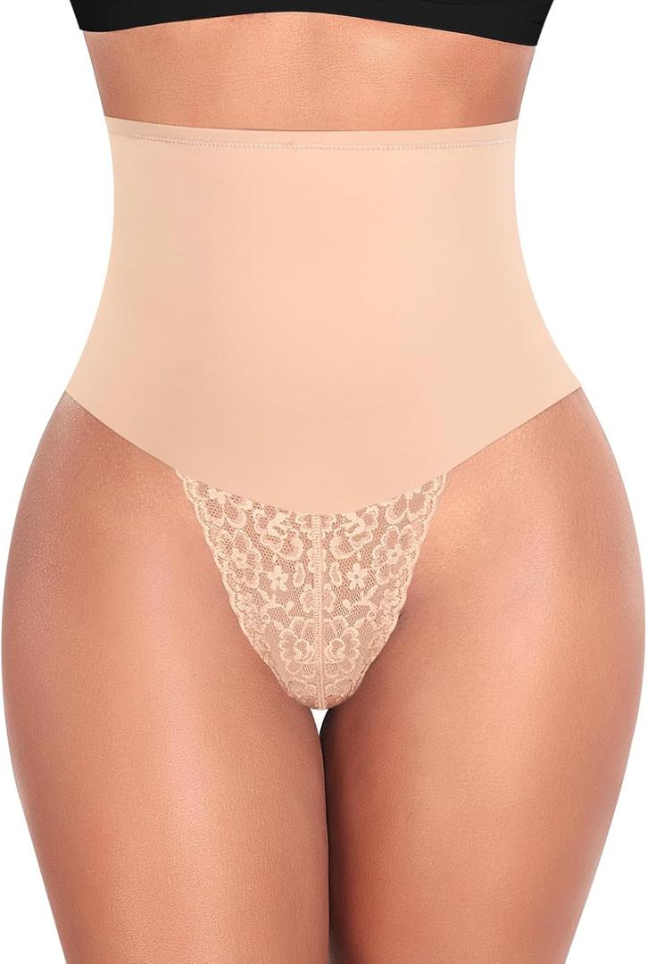 Werena Tummy Control Thong Shapewear for Women Mid High Waisted Body Shaper Underwear Lace Shaping Thong Girdle Panties (Medium, #A1 Mid Rise Beige)